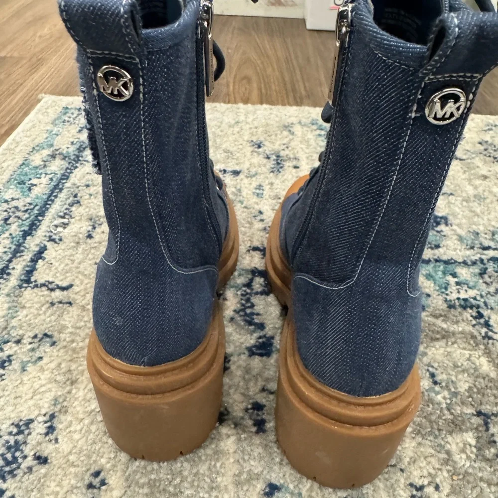 Michael Kors Blue Denim Lace-Up Platform Boots with Tan Cap Toe - Picture 2 of 4